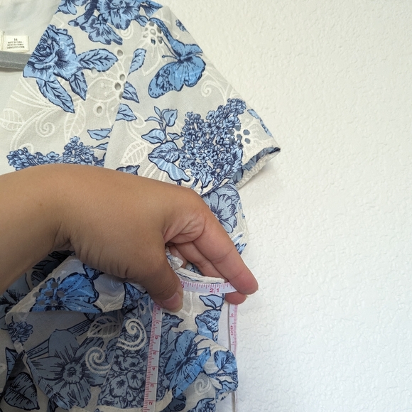 Eliza J Floral Flutter Sleeve Fit & Flare Cotton Dress Blue Size 16 Eyelet - Picture 9 of 9